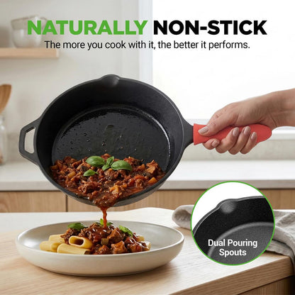 10" Cast Iron Skillet with Lid - Non-Stick, Oven Safe, Orange Handle