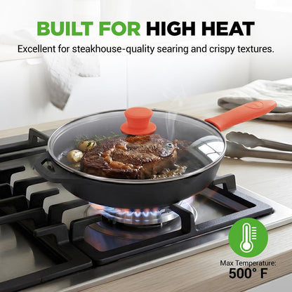 10" Cast Iron Skillet with Lid - Non-Stick, Oven Safe, Orange Handle