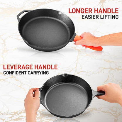 10" Cast Iron Skillet with Lid - Non-Stick, Oven Safe, Orange Handle