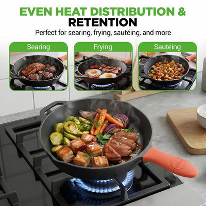 10" Cast Iron Skillet with Lid - Non-Stick, Oven Safe, Orange Handle