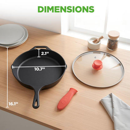 10" Cast Iron Skillet with Lid - Non-Stick, Oven Safe, Orange Handle