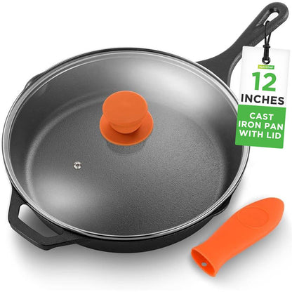 12" Cast Iron Skillet - Nonstick, Oven Safe, Orange Silicone Handle