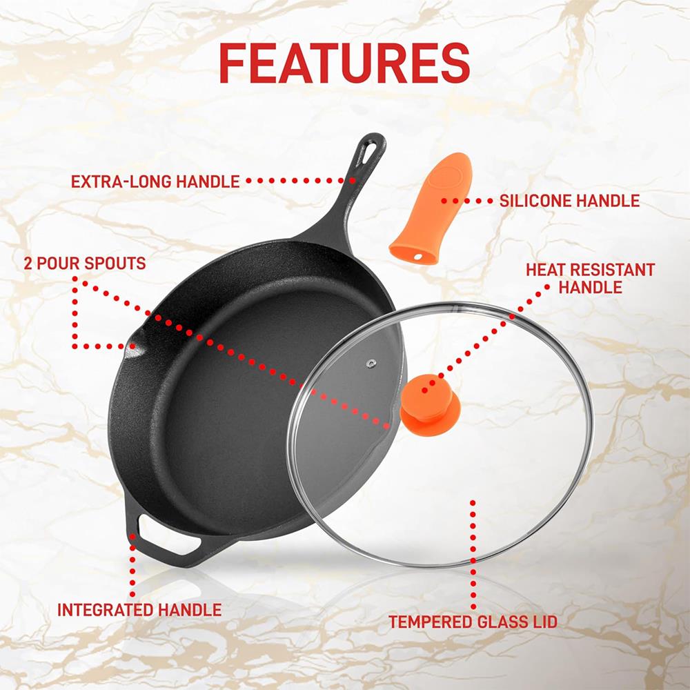 12" Cast Iron Skillet - Nonstick, Oven Safe, Orange Silicone Handle - Thumbnail 2