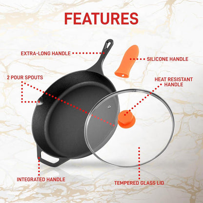 12" Cast Iron Skillet - Nonstick, Oven Safe, Orange Silicone Handle