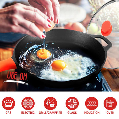 12" Cast Iron Skillet - Nonstick, Oven Safe, Orange Silicone Handle