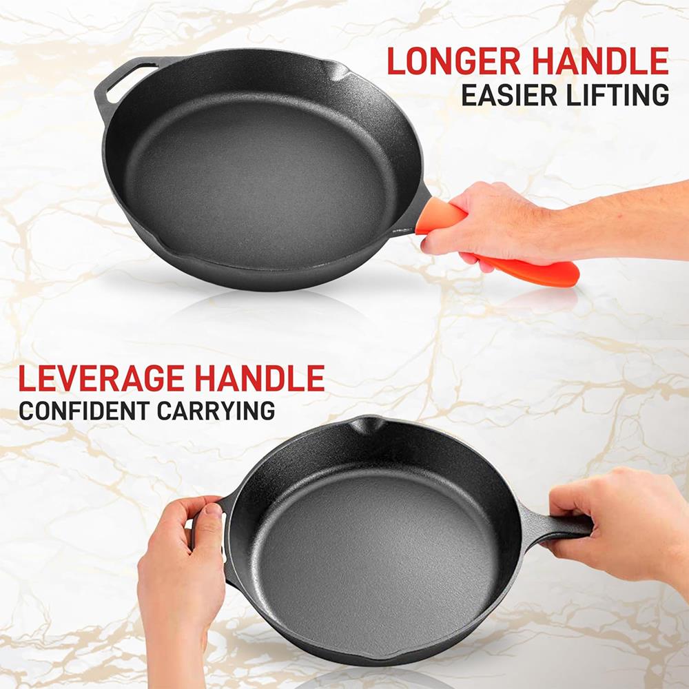12" Cast Iron Skillet - Nonstick, Oven Safe, Orange Silicone Handle - Thumbnail 4