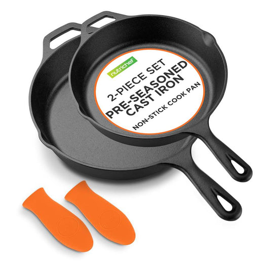 Cast Iron Skillet Set, Nonstick, Pre-Seasoned, Silicone Handles, Orange