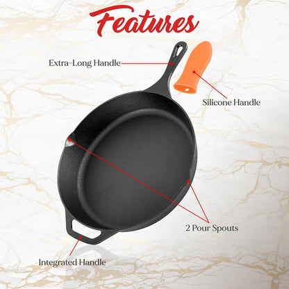 Cast Iron Skillet Set, Nonstick, Pre-Seasoned, Silicone Handles, Orange