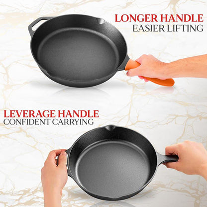 Cast Iron Skillet Set, Nonstick, Pre-Seasoned, Silicone Handles, Orange