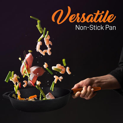 Cast Iron Skillet Set, Nonstick, Pre-Seasoned, Silicone Handles, Orange