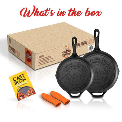 Cast Iron Skillet Set, Nonstick, Pre-Seasoned, Silicone Handles, Orange