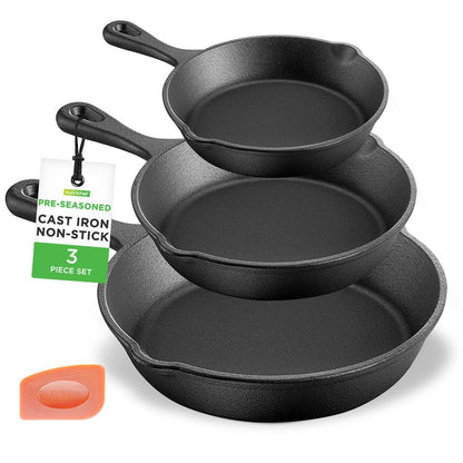 Pre-Seasoned Cast Iron Skillet Set 3pc Nonstick Even-Heat Drip Spout