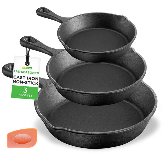 Pre-Seasoned Cast Iron Skillet Set 3pc Nonstick Even-Heat Drip Spout