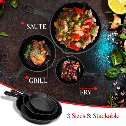 Pre-Seasoned Cast Iron Skillet Set 3pc Nonstick Even-Heat Drip Spout