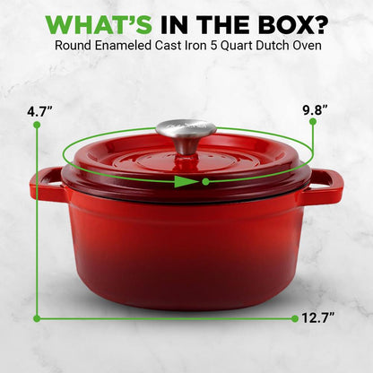 Dutch Oven 5 Qt Even Cooking Porcelain Enamel Cast Iron Red