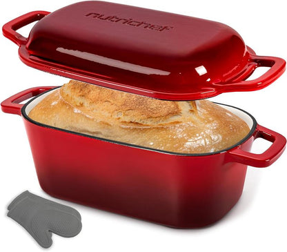 Nutrichef 3.6Qt Enamel-Coated Cast Iron Dutch Oven With Lid And Silicone Gloves Perfect For Baking, Braising, Roasting, Stewing, Slow Cooking, And Frying (Red)