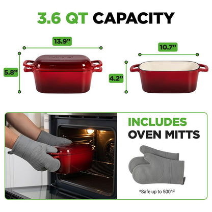 Nutrichef 3.6Qt Enamel-Coated Cast Iron Dutch Oven With Lid And Silicone Gloves Perfect For Baking, Braising, Roasting, Stewing, Slow Cooking, And Frying (Red)