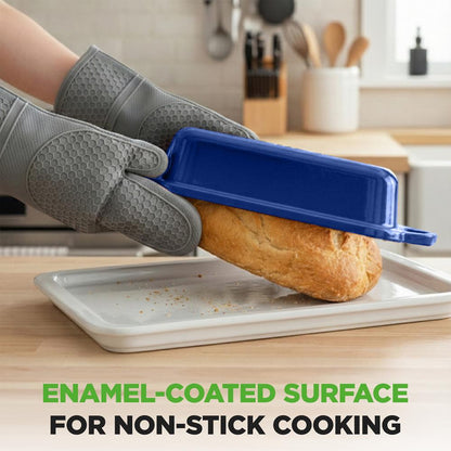 Nutrichef 9” X 5” Enamel-Coated Cast Iron Loaf Pan With Lid And Silicone Gloves Perfect For Baking, Stewing And Roasting (Blue)