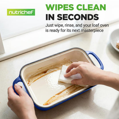 Nutrichef 9” X 5” Enamel-Coated Cast Iron Loaf Pan With Lid And Silicone Gloves Perfect For Baking, Stewing And Roasting (Blue)