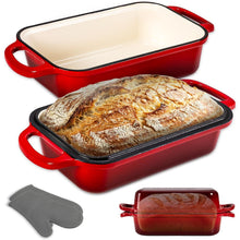 Nutrichef 9” X 5” Enamel-Coated Cast Iron Bread Loaf Pan With Lid, Handles And Silicone Gloves Perfect For Baking Bread And Sourdough Making (Red)