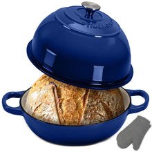 Nutrichef 10.2” Enamel-Coated Cast Iron Dome-Shaped Bread Pan With Lid, Silicone Gloves Perfect For Baking, Braising, Roasting And Stewing (Blue)