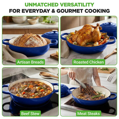 Nutrichef 10.2” Enamel-Coated Cast Iron Dome-Shaped Bread Pan With Lid, Silicone Gloves Perfect For Baking, Braising, Roasting And Stewing (Blue)
