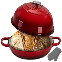Nutrichef 10.2” Enamel-Coated Cast Iron Dome-Shaped Bread Pan With Lid, Handles And Silicone Gloves Perfect For Baking, Braising, Roasting And Stewing (Red)