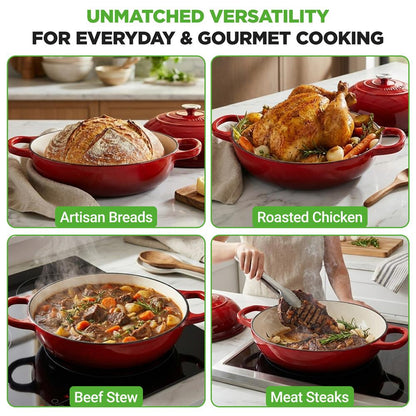 Nutrichef 10.2” Enamel-Coated Cast Iron Dome-Shaped Bread Pan With Lid, Handles And Silicone Gloves Perfect For Baking, Braising, Roasting And Stewing (Red)