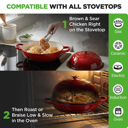 Nutrichef 10.2” Enamel-Coated Cast Iron Dome-Shaped Bread Pan With Lid, Handles And Silicone Gloves Perfect For Baking, Braising, Roasting And Stewing (Red)