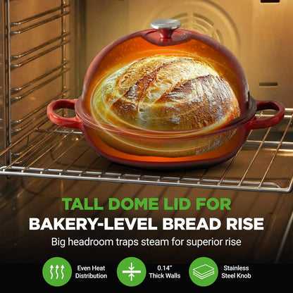 Nutrichef 10.2” Enamel-Coated Cast Iron Dome-Shaped Bread Pan With Lid, Handles And Silicone Gloves Perfect For Baking, Braising, Roasting And Stewing (Red)