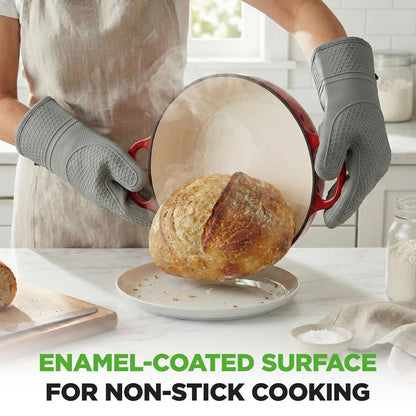 Nutrichef 10.2” Enamel-Coated Cast Iron Dome-Shaped Bread Pan With Lid, Handles And Silicone Gloves Perfect For Baking, Braising, Roasting And Stewing (Red)