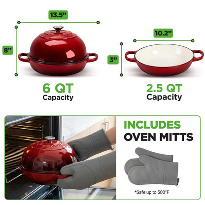 Nutrichef 10.2” Enamel-Coated Cast Iron Dome-Shaped Bread Pan With Lid, Handles And Silicone Gloves Perfect For Baking, Braising, Roasting And Stewing (Red)