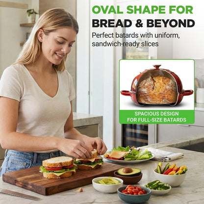 Nutrichef 10.2” Enamel-Coated Cast Iron Dome-Shaped Bread Pan With Lid, Handles And Silicone Gloves Perfect For Baking, Braising, Roasting And Stewing (Red)