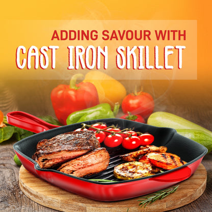 11" Cast Iron Grill Pan, Perfect Grill Marks, Porcelain Enamel Coating