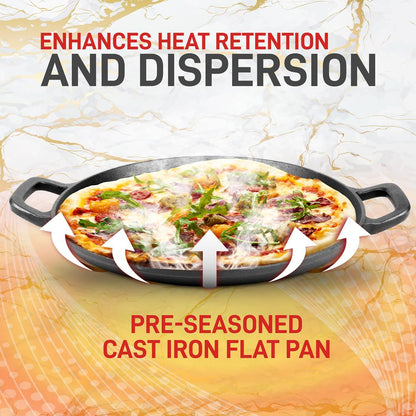 13" Cast Iron Pizza Pan - Versatile Pre-Seasoned Griddle w/ Handles