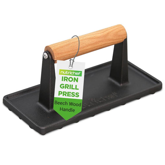 Cast Iron Grill Press - Speeds Cooking - Beech Wood Handle