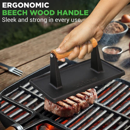 Cast Iron Grill Press - Speeds Cooking - Beech Wood Handle