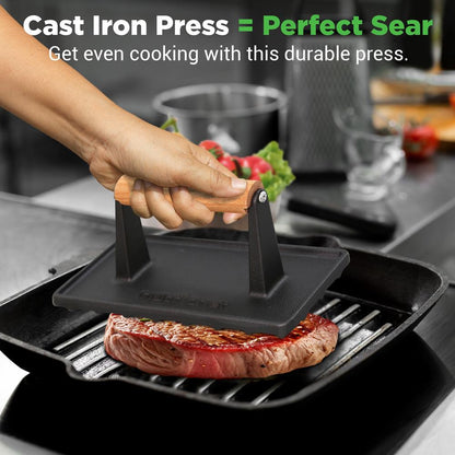 Cast Iron Grill Press - Speeds Cooking - Beech Wood Handle