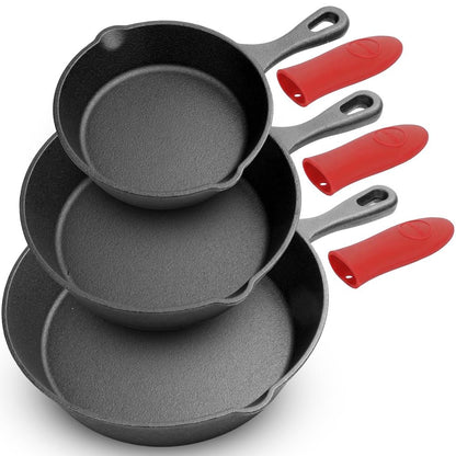 3pc Cast Iron Skillet Set - Nonstick, Even Heat, Silicone Handles