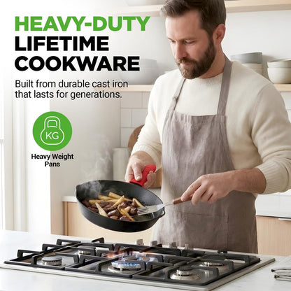 3pc Cast Iron Skillet Set - Nonstick, Even Heat, Silicone Handles