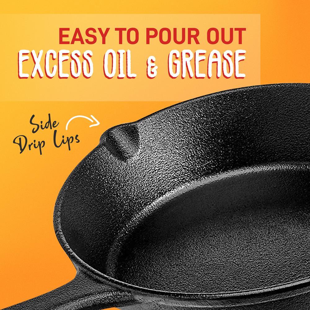 Pre-Seasoned Cast Iron Skillet Set 3pc Nonstick Even-Heat Drip Spout - Thumbnail 5