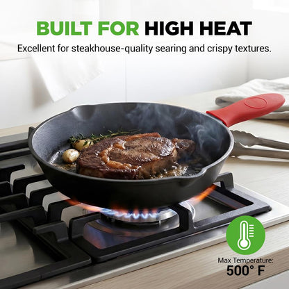 3pc Cast Iron Skillet Set - Nonstick, Even Heat, Silicone Handles