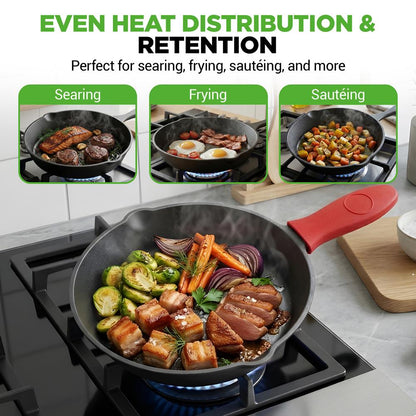 3pc Cast Iron Skillet Set - Nonstick, Even Heat, Silicone Handles