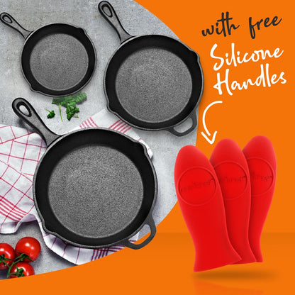 3pc Cast Iron Skillet Set - Nonstick, Even Heat, Silicone Handles