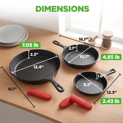3pc Cast Iron Skillet Set - Nonstick, Even Heat, Silicone Handles