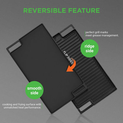 Reversible Cast Iron Grill Pan, Even Heat, 18" Flat & Ridged, Includes Mitt