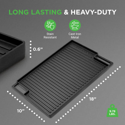 Reversible Cast Iron Grill Pan, Even Heat, 18" Flat & Ridged, Includes Mitt