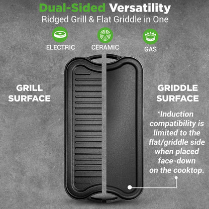 Reversible Cast Iron Griddle - Even Heat, Extra-Wide, Oven Safe