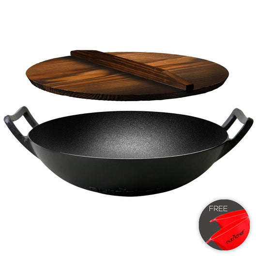 Cast Iron Wok 5.8 Qt Even Heat Pre-Seasoned with Wooden Lid