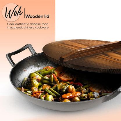 Cast Iron Wok 5.8 Qt Even Heat Pre-Seasoned with Wooden Lid